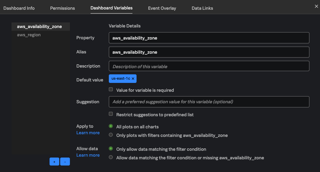 Dashboard variables configuration