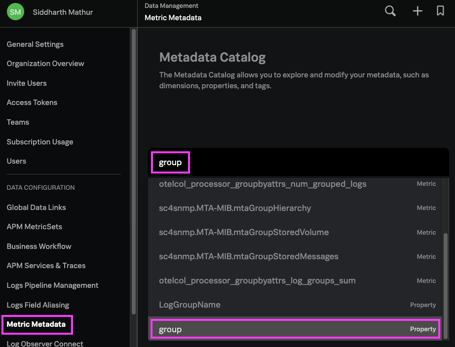 Metric Metadata settings